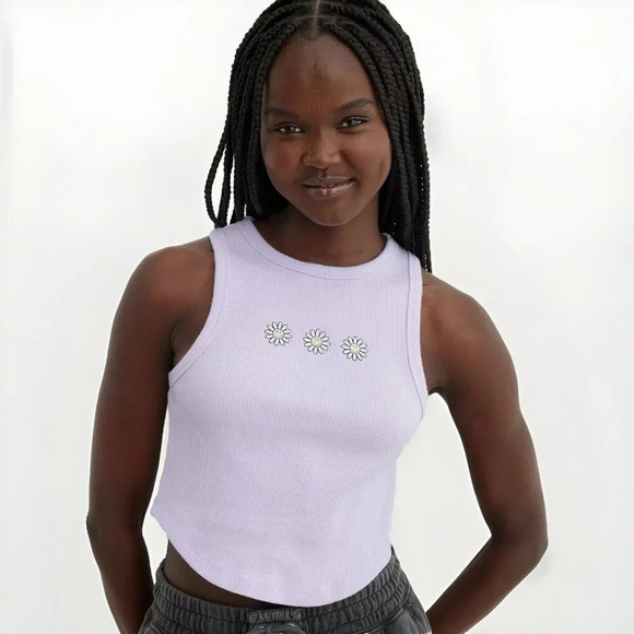 Aerie purple Smiley New Day Curved Hem cropped Tank Top size XL Ribbed - Picture 1 of 10